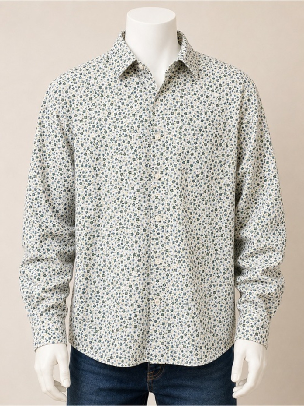 Egara Green & White Button Down Shirt with Floral Print Slim Fit Stretch No Iron